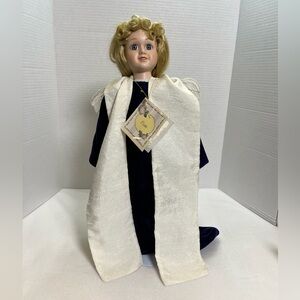 ANCO Vintage Porcelain Doll Blonde Blue Eyes Navy Dress Cream Cape w/ Tag 16”